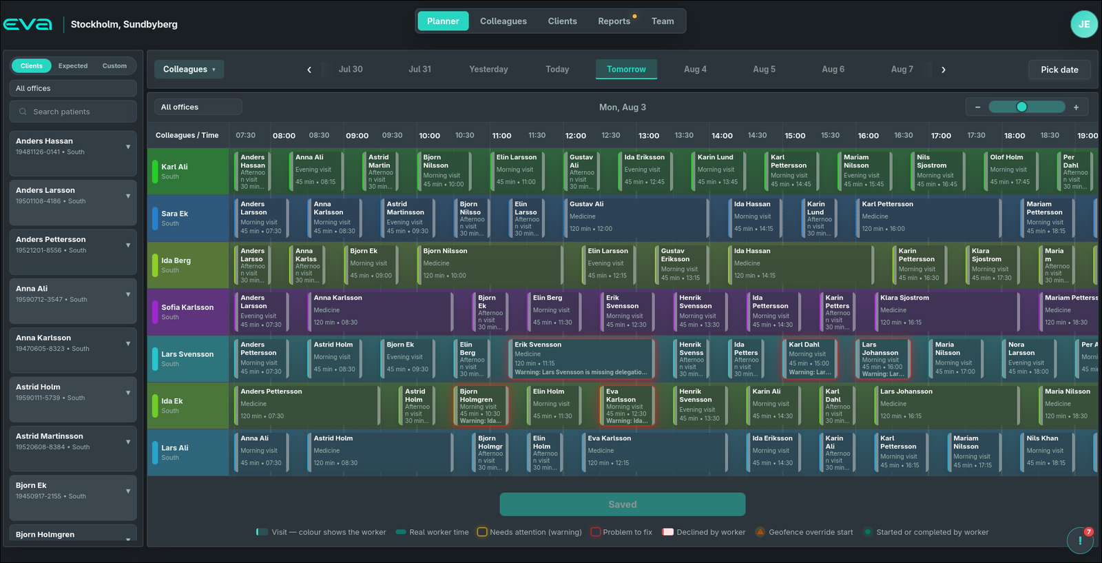 EVA planner: a day of home-care visits laid out across colleagues and time, colour-coded per worker with warnings highlighted.