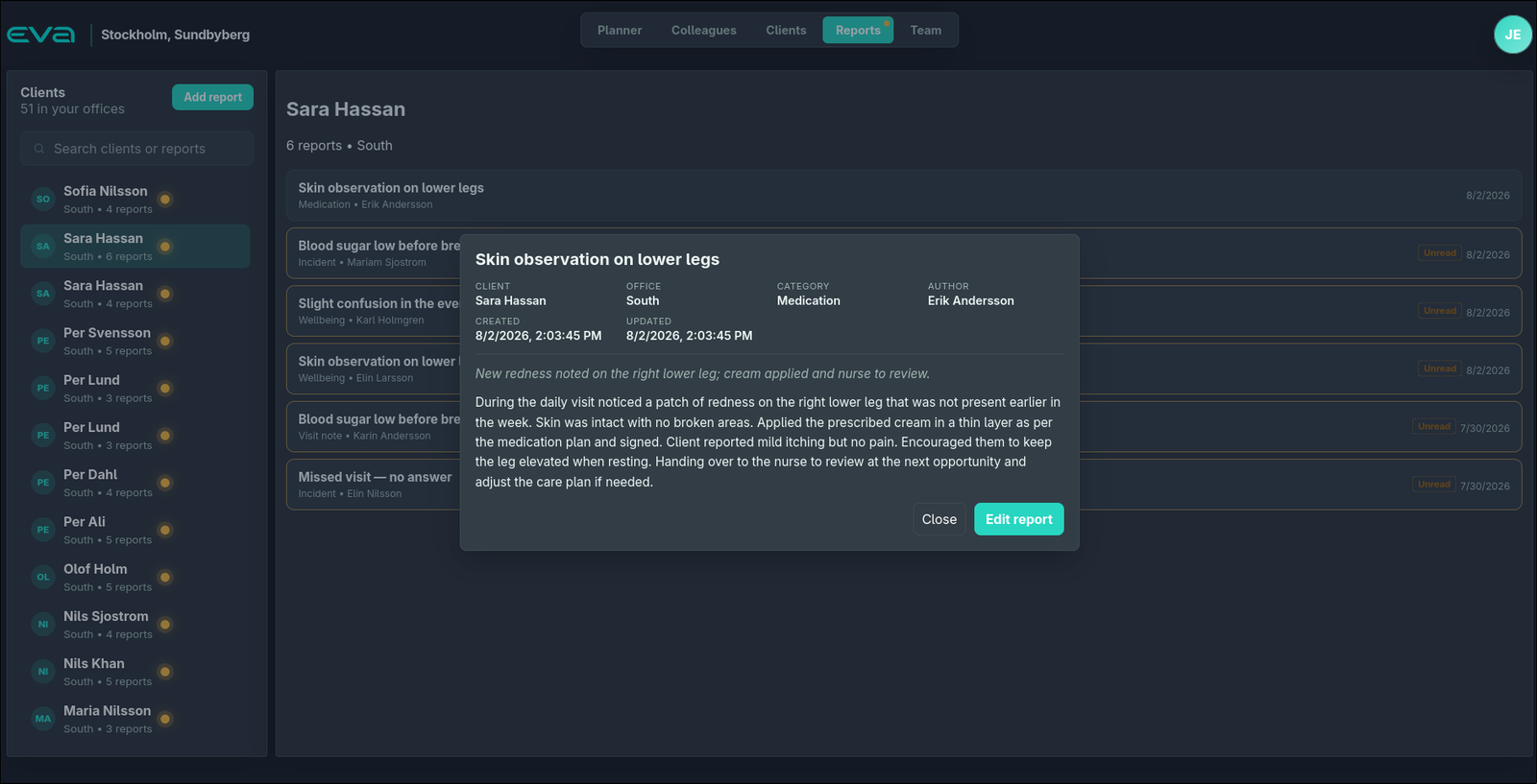 EVA reports view: clients listed with report counts and unread dots, a client's reports with categories and authors, and a report detail popup.