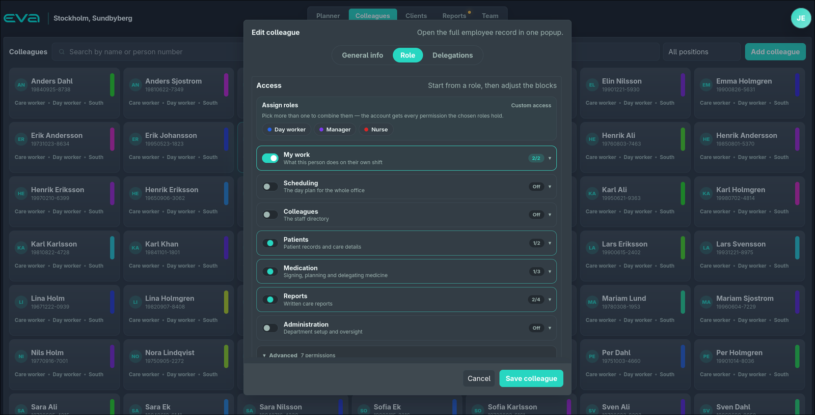 EVA colleague editor: assign roles like Day worker, Manager or Nurse, then toggle permission modules such as Scheduling, Patients, Medication and Reports.