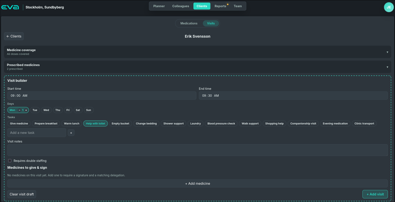 EVA visit builder showing start and end time, day pickers, a palette of task chips, visit notes, double-staffing toggle and medicines to give and sign.